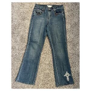 Vintage Y2K Bill Blass Embellished Bootcut Med Wash Jeans Sz 8 Stretch (READ)